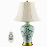 Oriental Green Porcelain Bird and Branch Table Lamp with Linen Bell Shade 23 Inch
