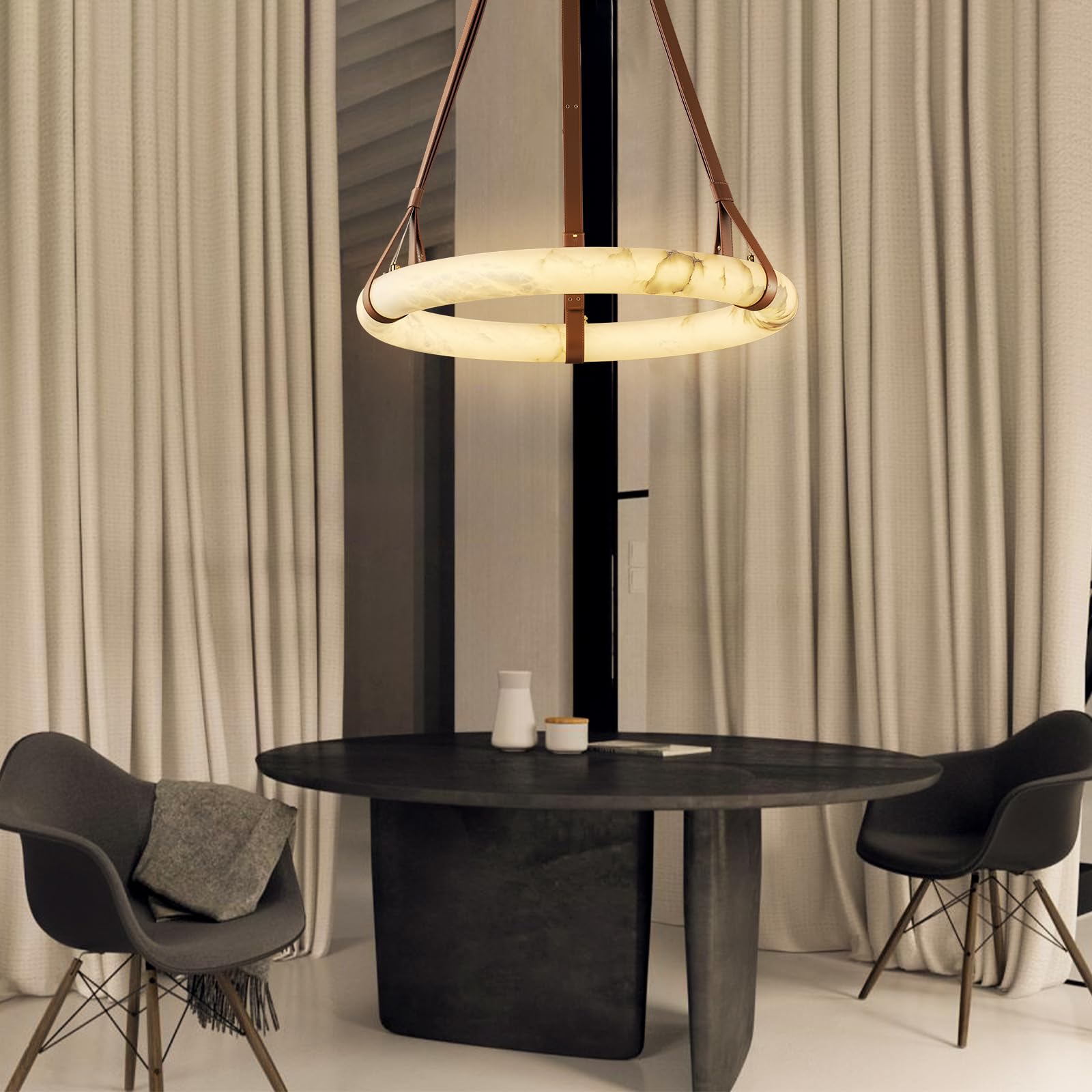 Oslo Alabaster Ring LED Pendant Hanging Light with Modern Leather Strap