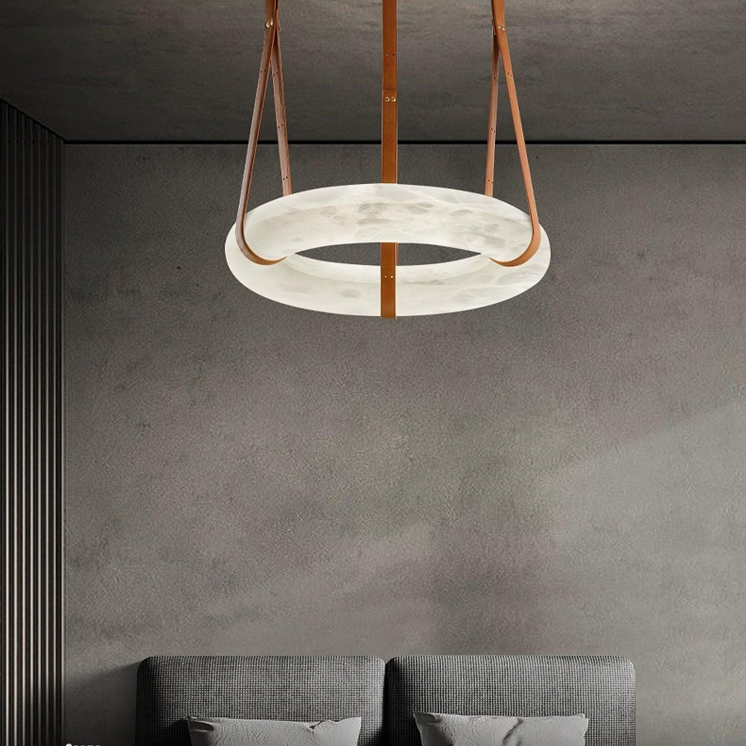 Oslo Alabaster Ring LED Pendant Hanging Light with Modern Leather Strap