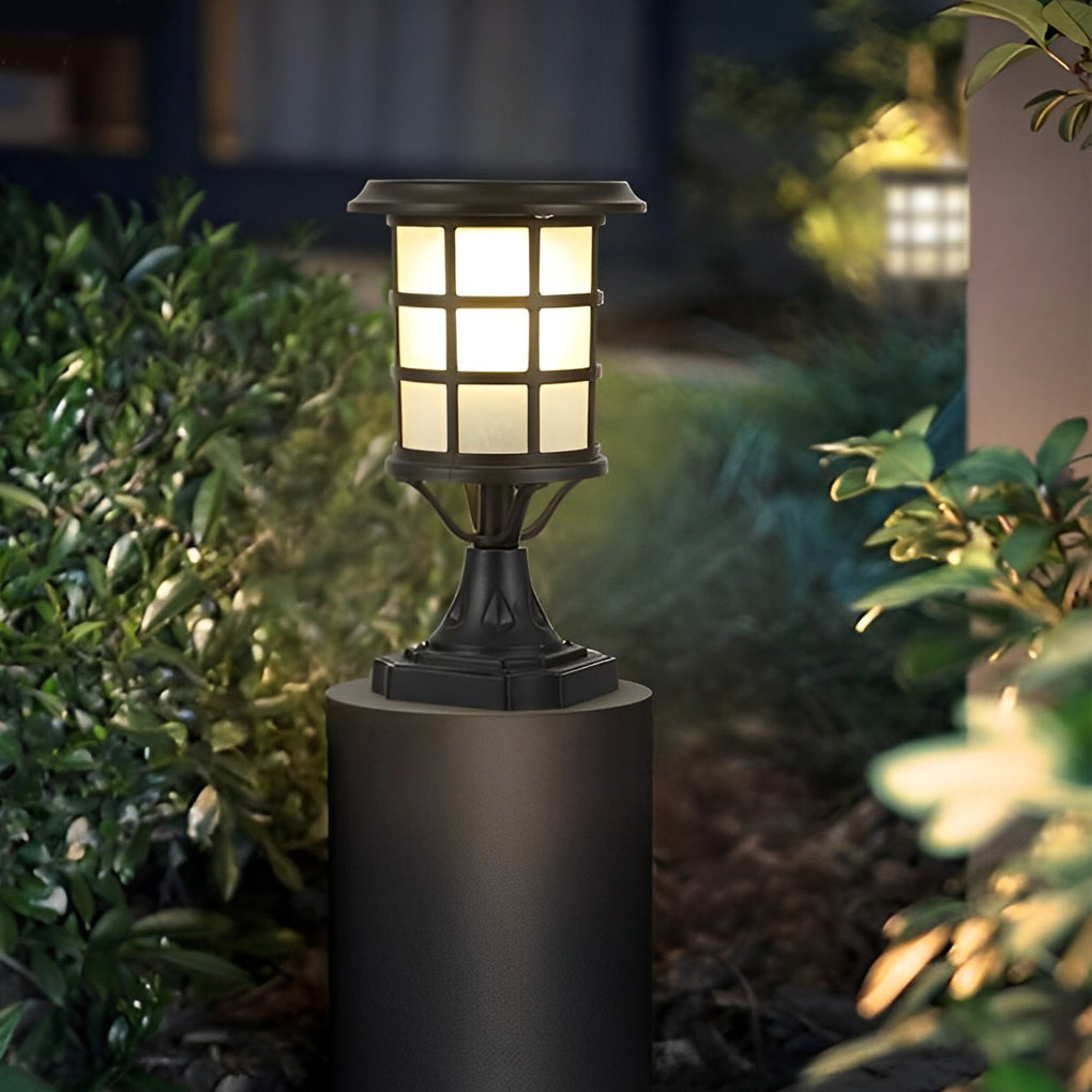 Outdoor Modern Black Round Cage Solar Post Cap Light Waterproof LED Garden Pillar Lamp with Remote Control