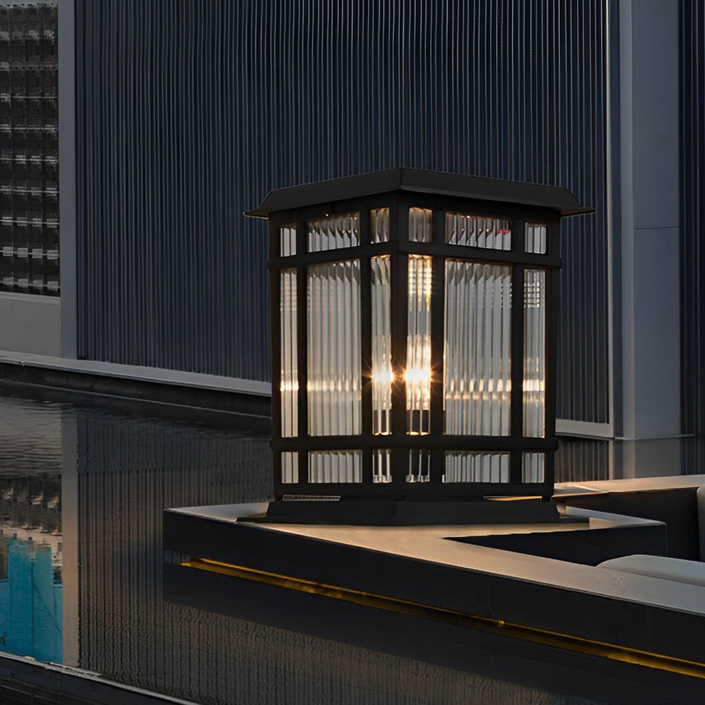 Outdoor Solar Fence Post Lights Waterproof Matte Black Aluminum Retro Glass Garden Lamp