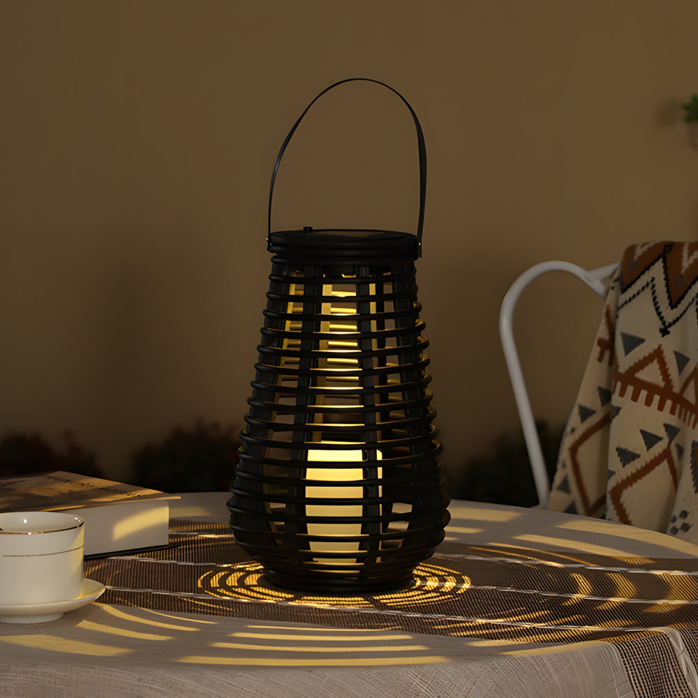 Outdoor Solar Lantern Black Woven PVC Rattan LED Decorative Garden Light for Patio and Path