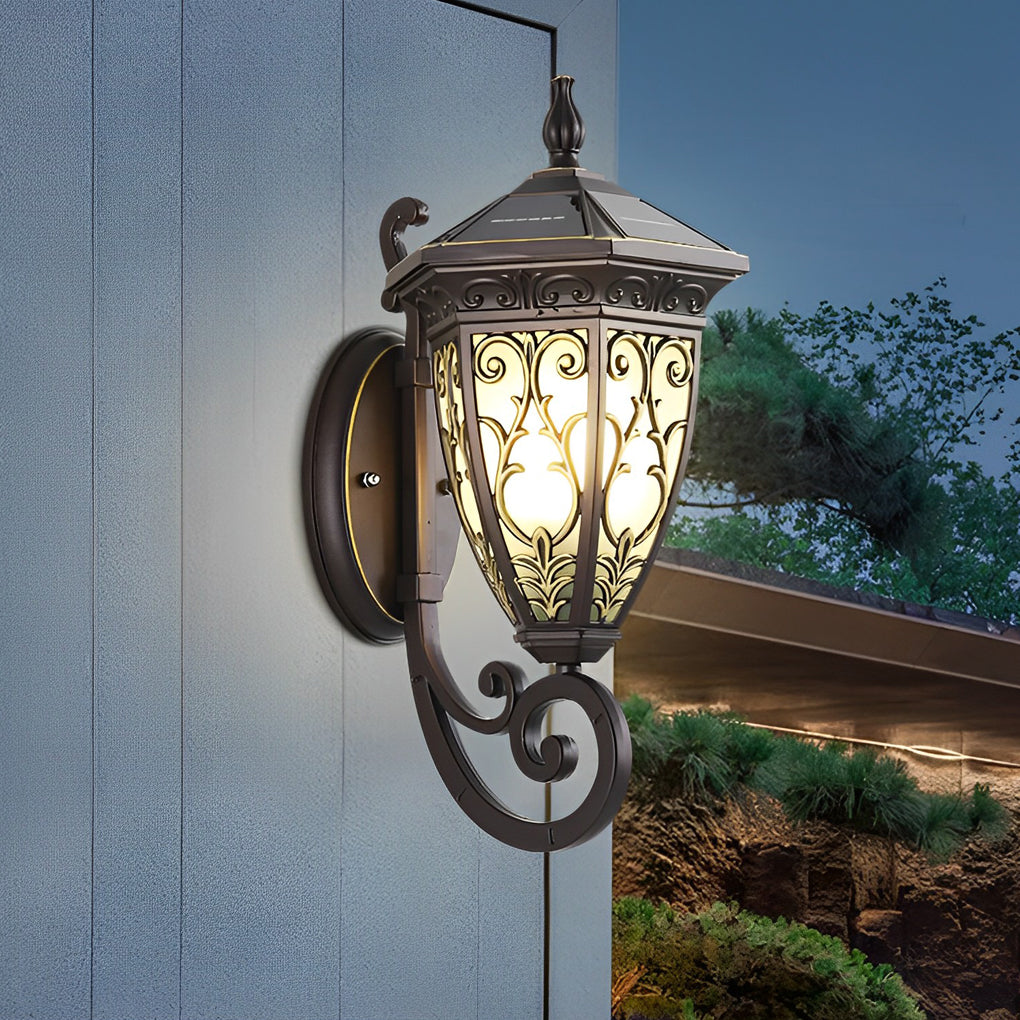Outdoor Solar Wall Sconce Waterproof Black Aluminum Porch Light with Vintage Flower Design