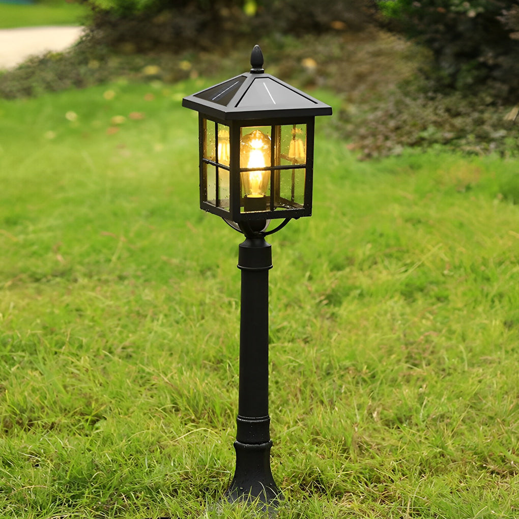 Outdoor Square Black Aluminum Retro Solar Powered Lawn Lamp Waterproof Garden Pathway Pedestal Light