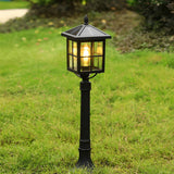 Outdoor Square Black Aluminum Retro Solar Powered Lawn Lamp Waterproof Garden Pathway Pedestal Light