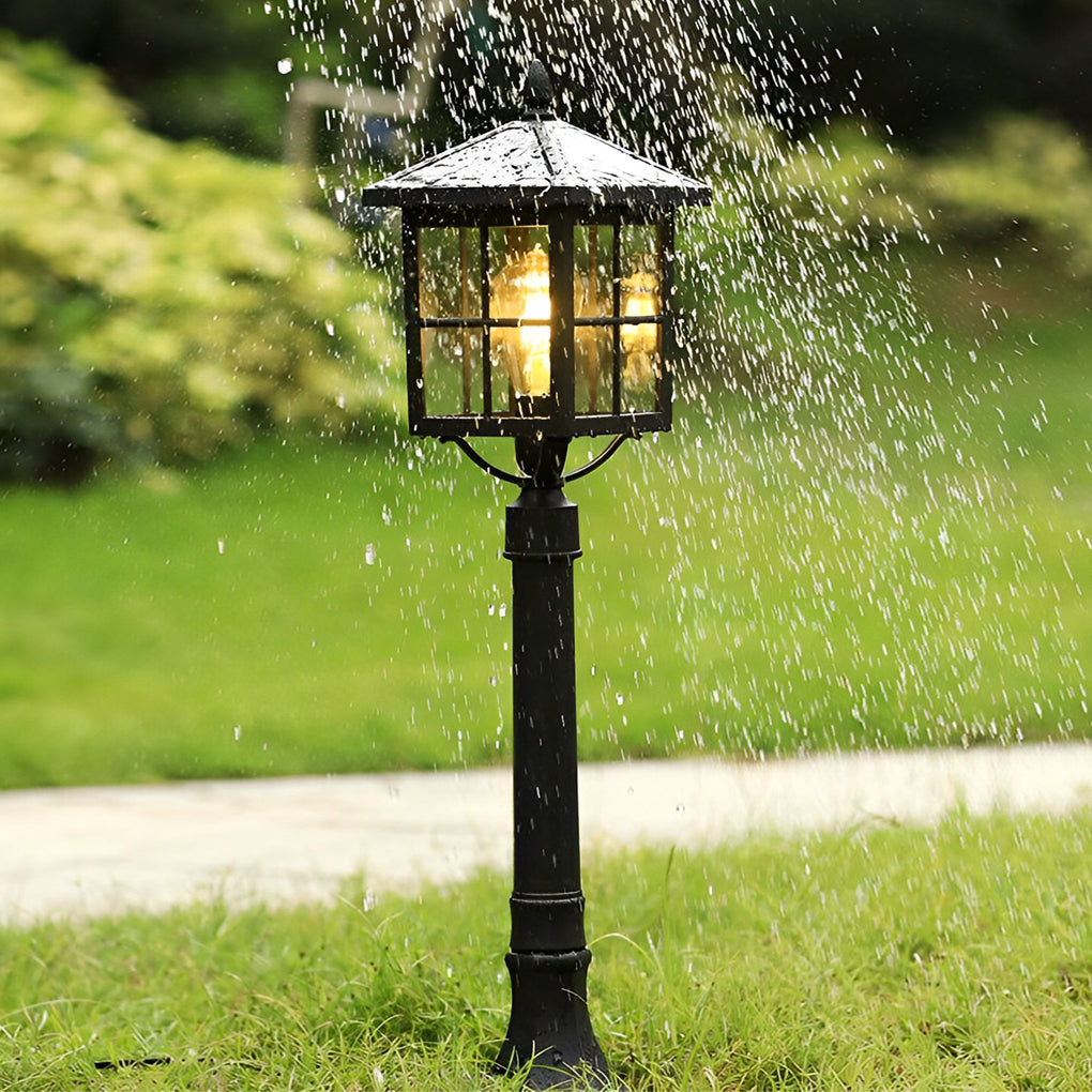 Outdoor Square Black Aluminum Retro Solar Powered Lawn Lamp Waterproof Garden Pathway Pedestal Light