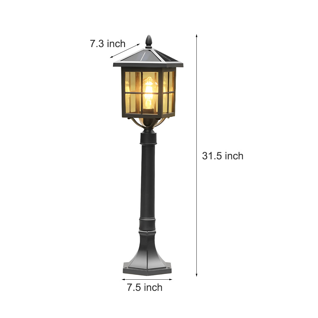 Outdoor Square Black Aluminum Retro Solar Powered Lawn Lamp Waterproof Garden Pathway Pedestal Light