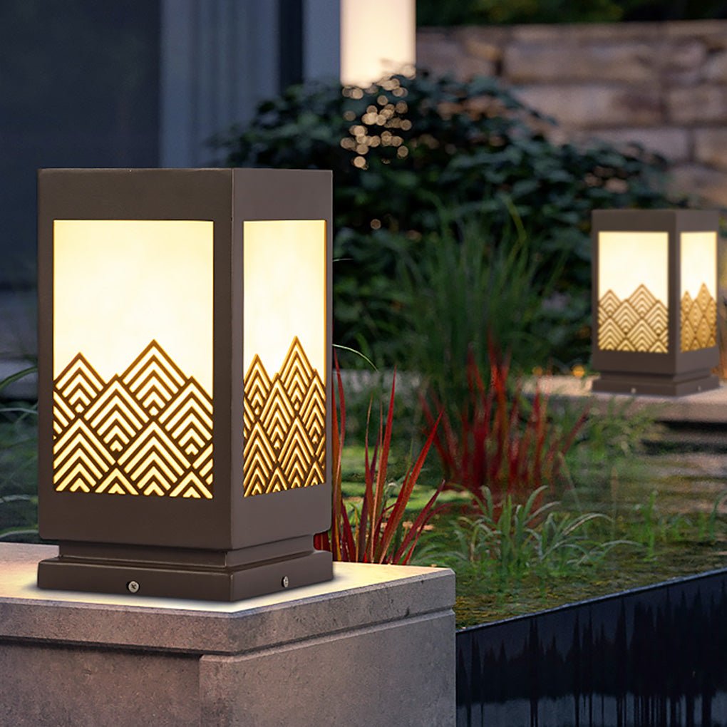 Outdoor Waterproof Lawn Lamp Classical Hollow Pattern Garden Post Light with Brown Finish