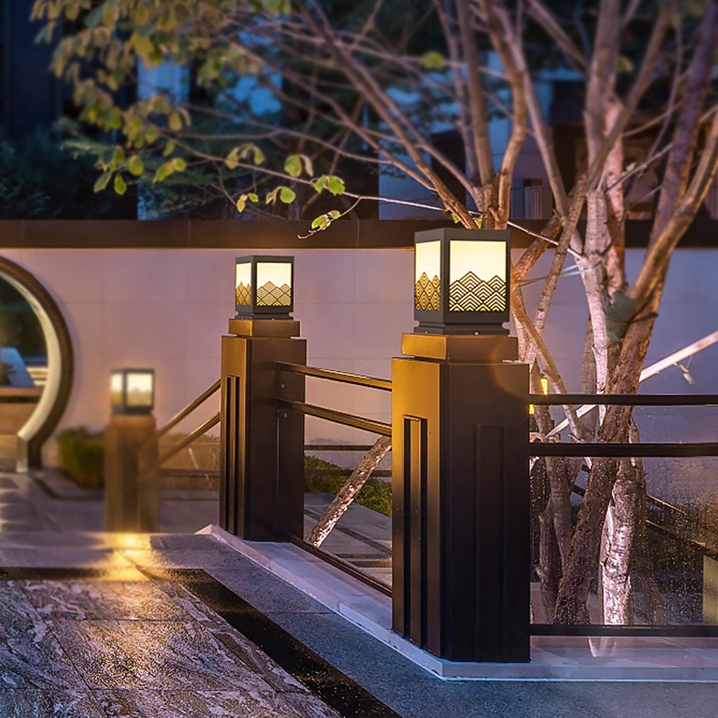 Outdoor Waterproof Lawn Lamp Classical Hollow Pattern Garden Post Light with Brown Finish
