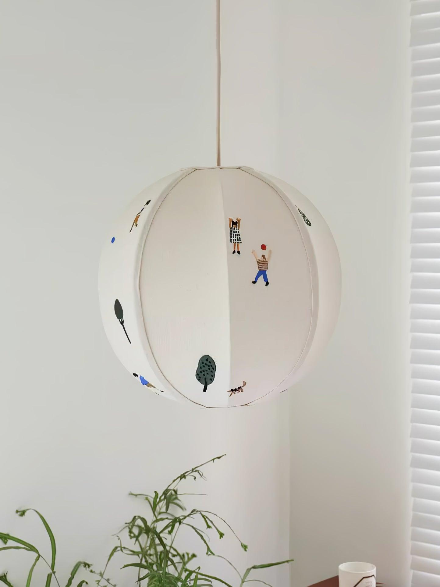 Park Scene Embroidered White Fabric Textile Pendant Light for Bedroom and Dining Areas