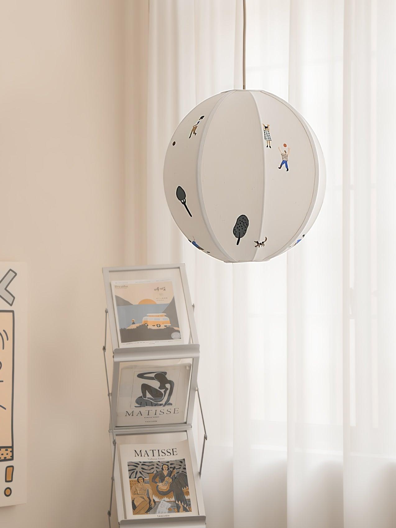 Park Scene Embroidered White Fabric Textile Pendant Light for Bedroom and Dining Areas