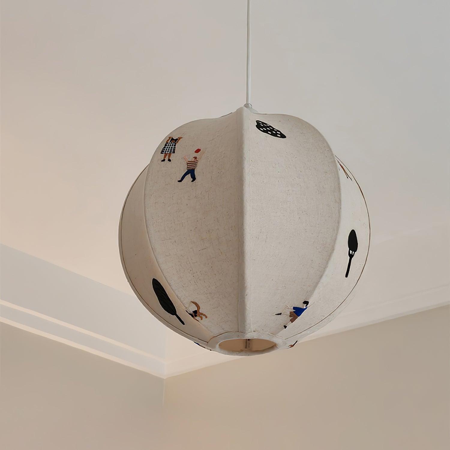Park Scene Embroidered White Fabric Textile Pendant Light for Bedroom and Dining Areas