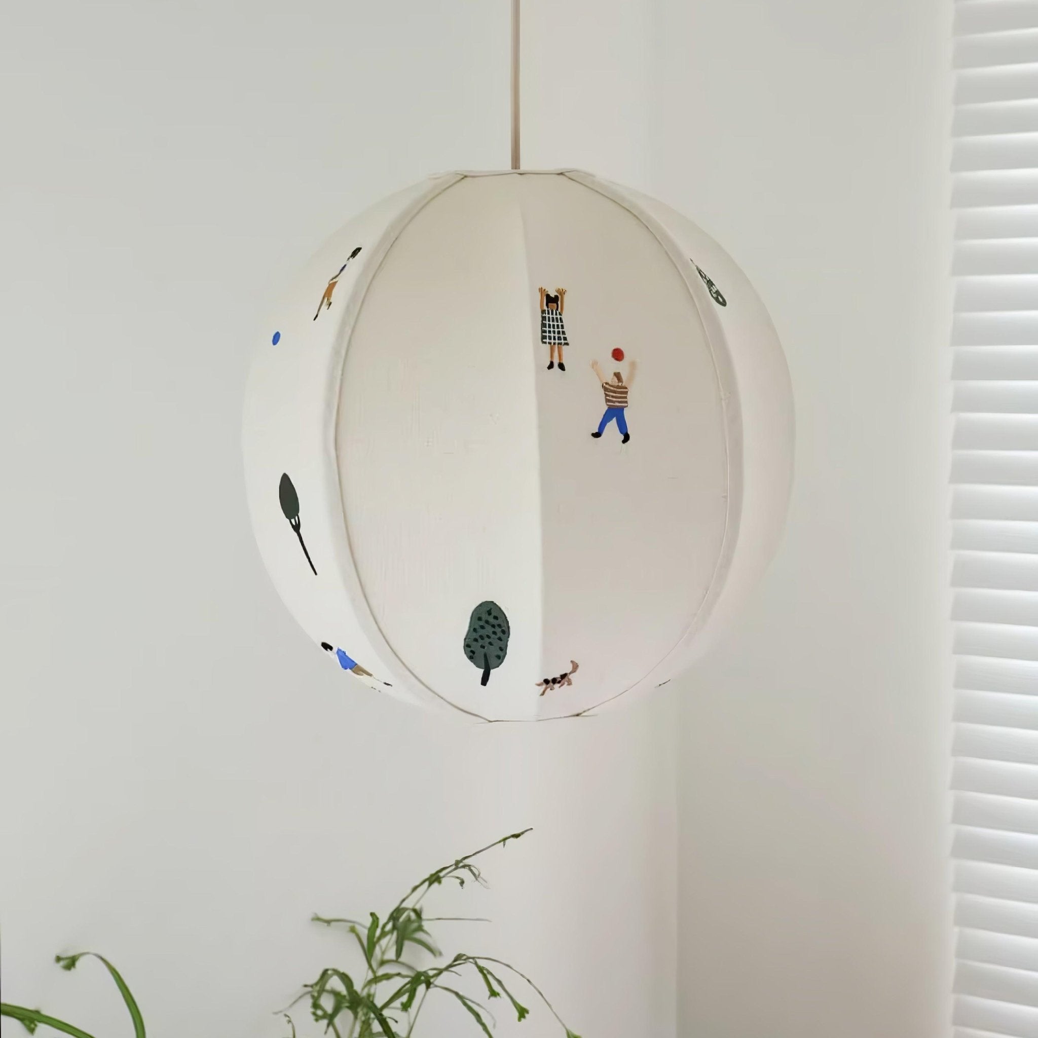 Park Scene Embroidered White Fabric Textile Pendant Light for Bedroom and Dining Areas