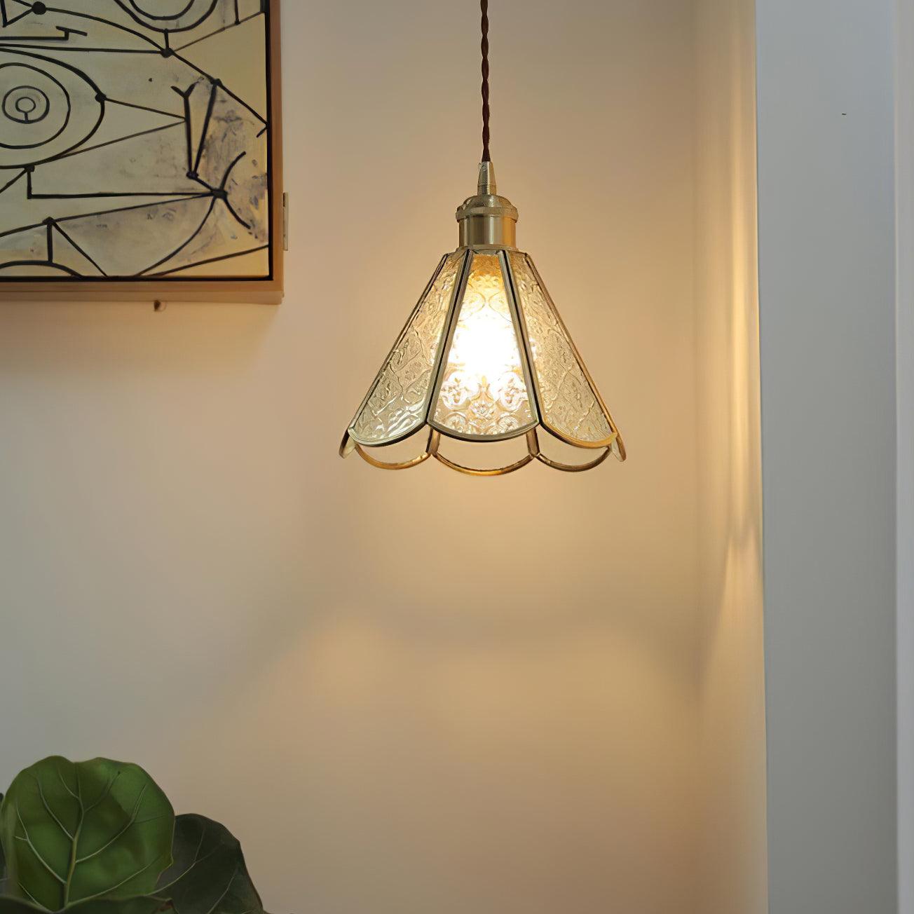 Patterned Frosted Glass Pendant Light with Solid Brass Body for Modern Interior Spaces