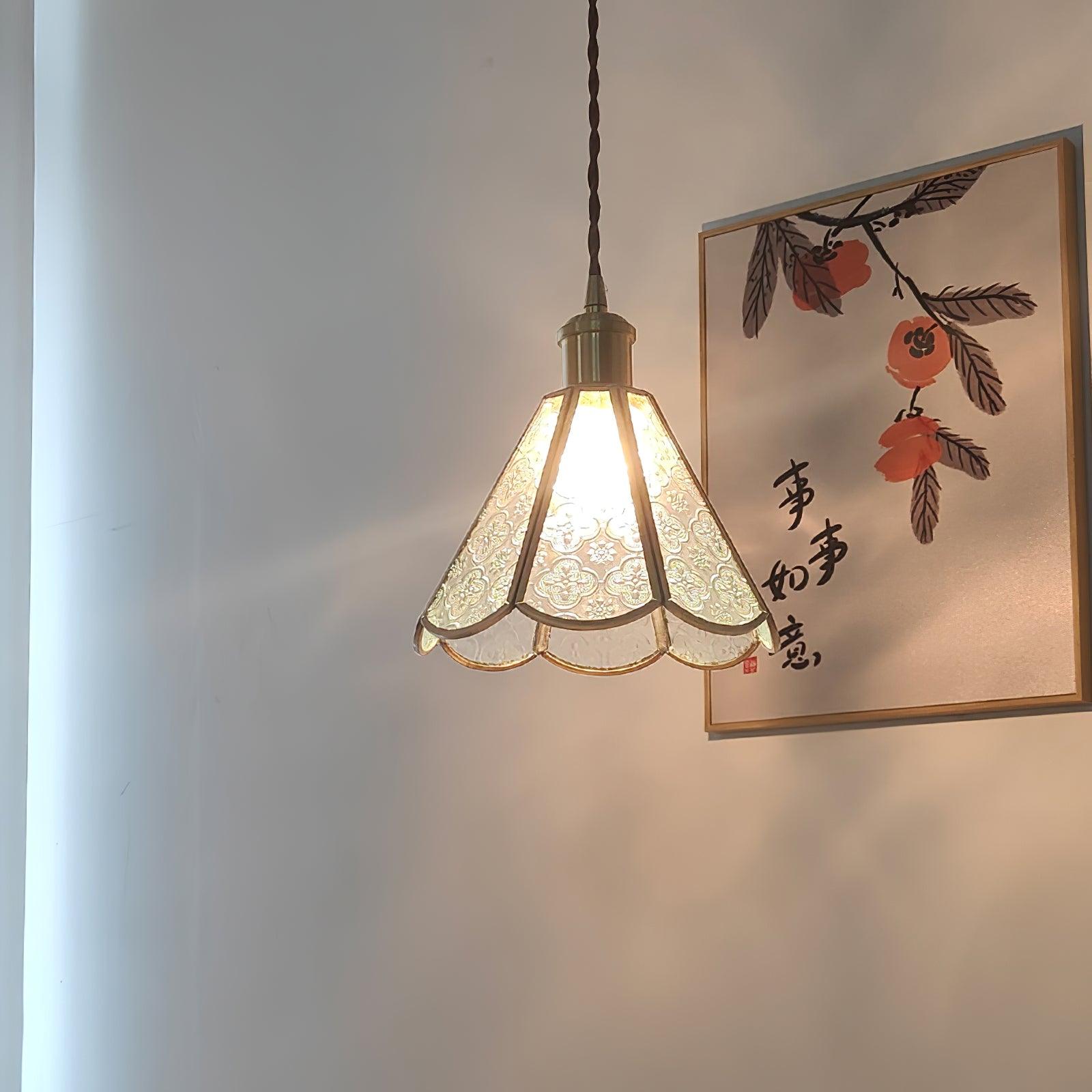 Patterned Frosted Glass Pendant Light with Solid Brass Body for Modern Interior Spaces