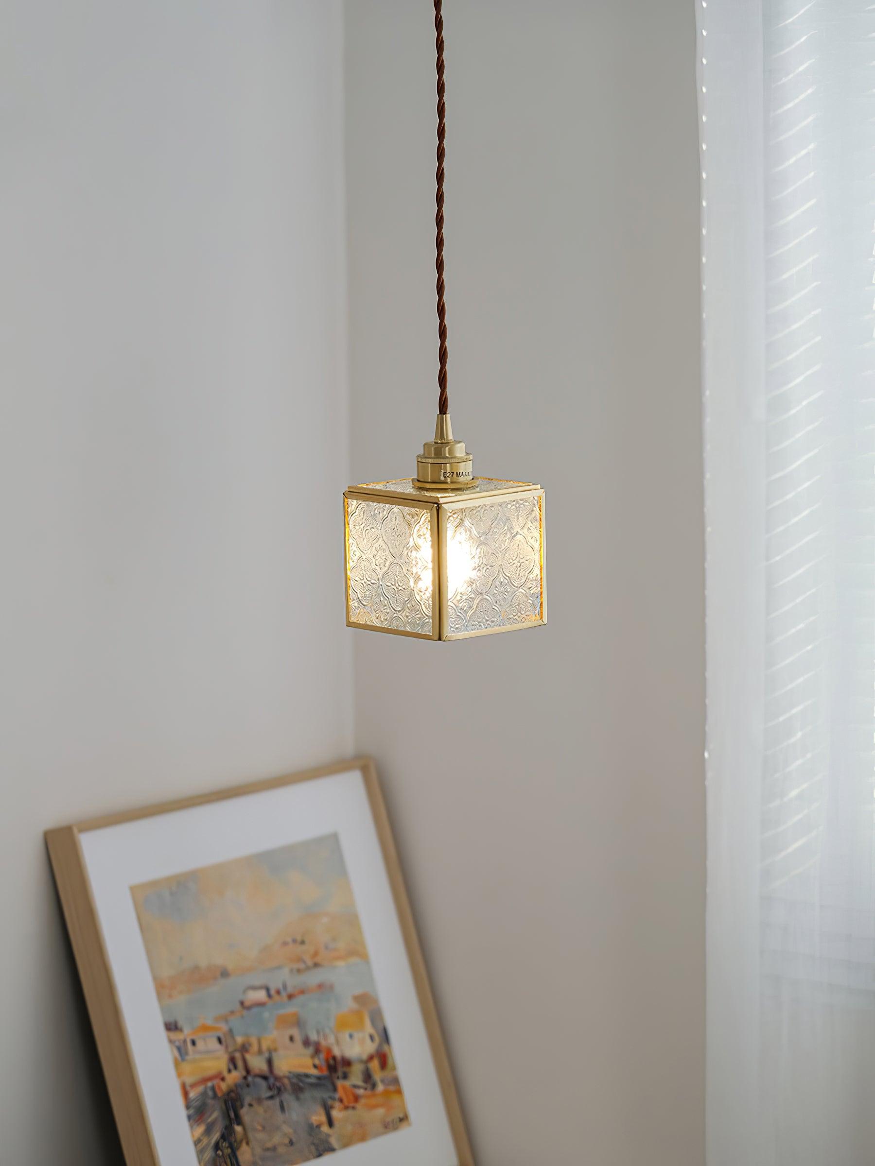 Patterned Frosted Glass Pendant Light with Solid Brass Body for Modern Interior Spaces