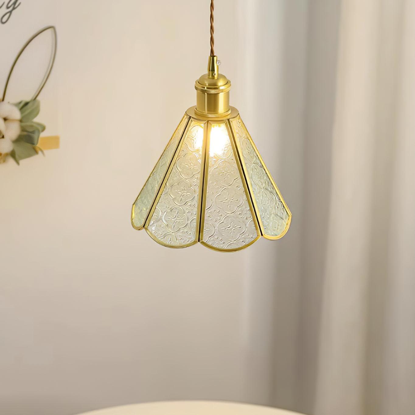 Patterned Frosted Glass Pendant Light with Solid Brass Body for Modern Interior Spaces