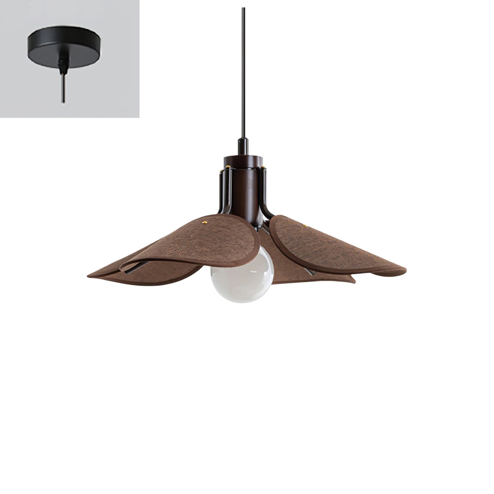 Petal Bloom Floral Linen Fabric Pendant Light Vintage Wood Walnut Hanging Ceiling Lamp