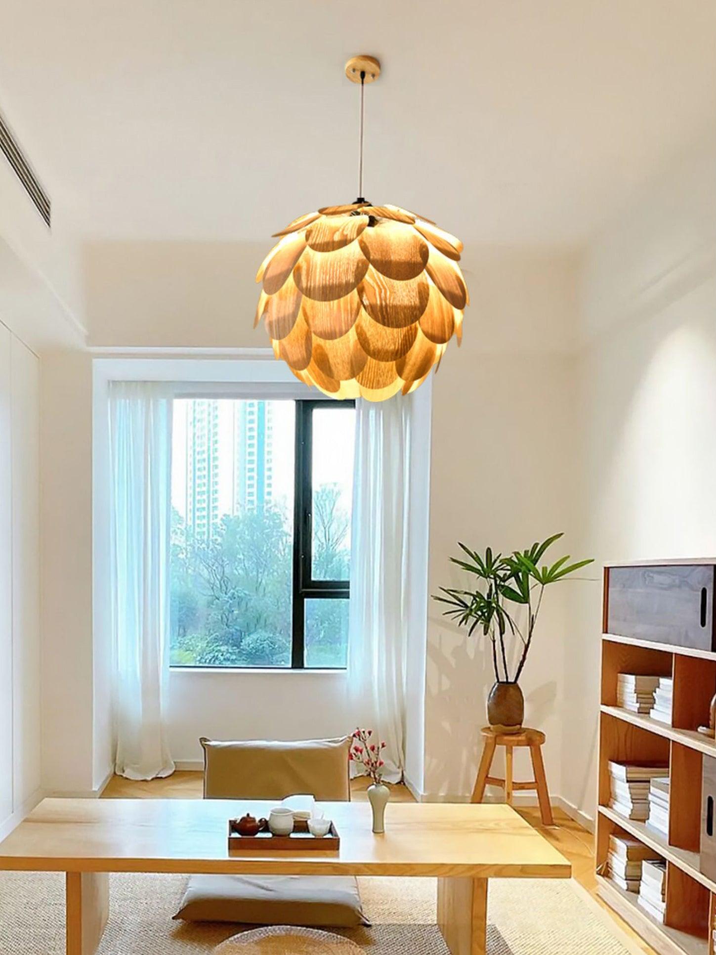 Pinecone Natural Ash Wood Pendant Light Organic Design Ceiling Fixture for Modern Home Interior Lighting