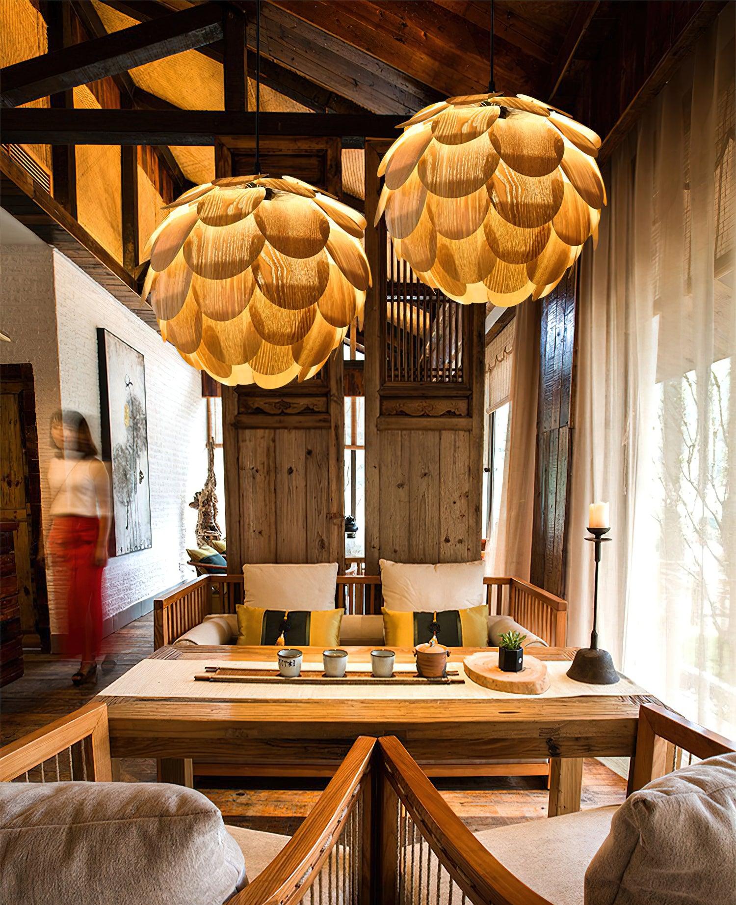 Pinecone Natural Ash Wood Pendant Light Organic Design Ceiling Fixture for Modern Home Interior Lighting