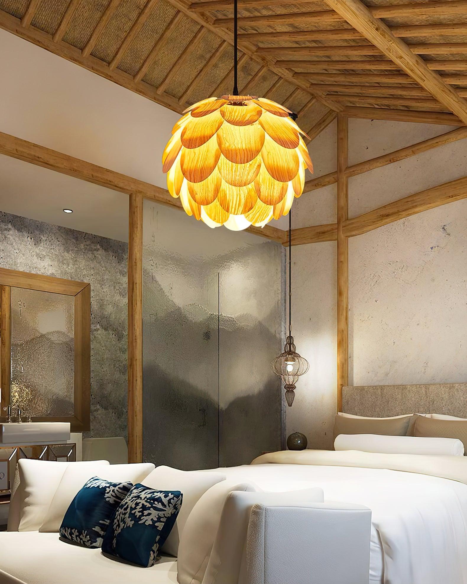 Pinecone Natural Ash Wood Pendant Light Organic Design Ceiling Fixture for Modern Home Interior Lighting