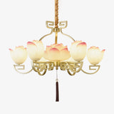 Pink and White Floral Lotus Bloom Pendant Light Resin Matcha Style Chandelier