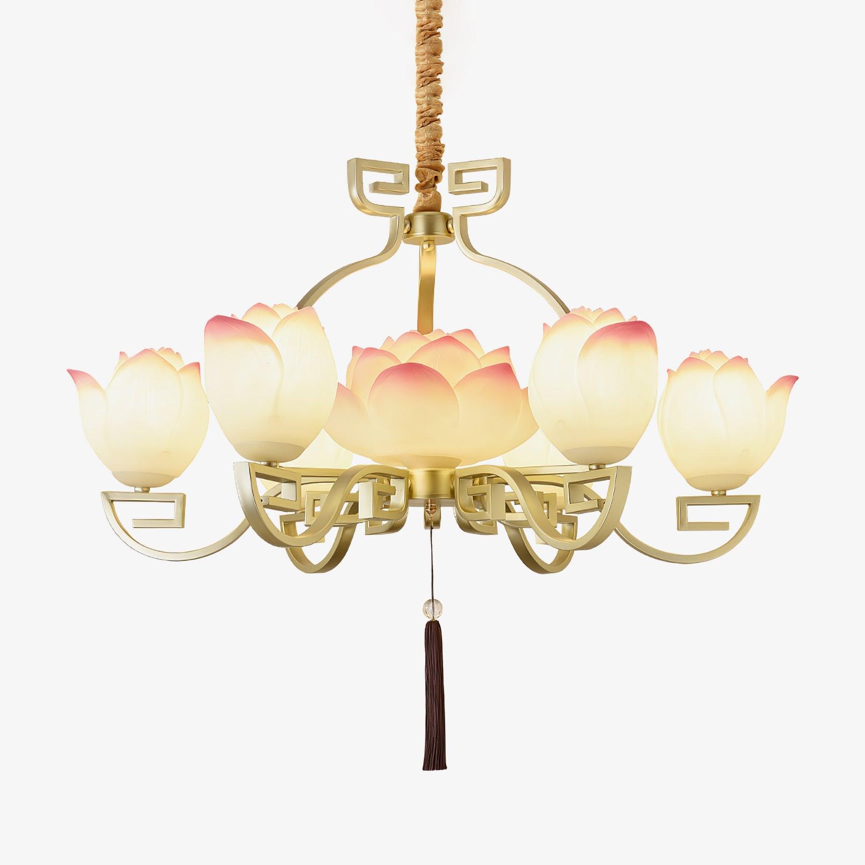 Pink and White Floral Lotus Bloom Pendant Light Resin Matcha Style Chandelier