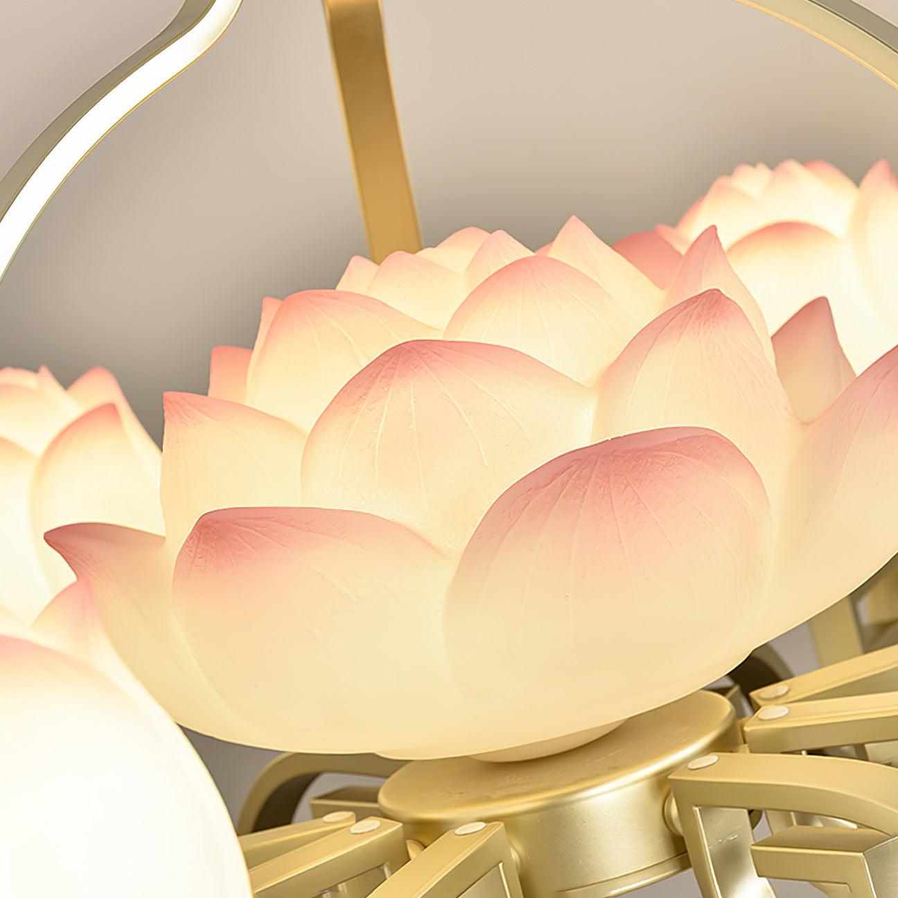 Pink and White Floral Lotus Bloom Pendant Light Resin Matcha Style Chandelier