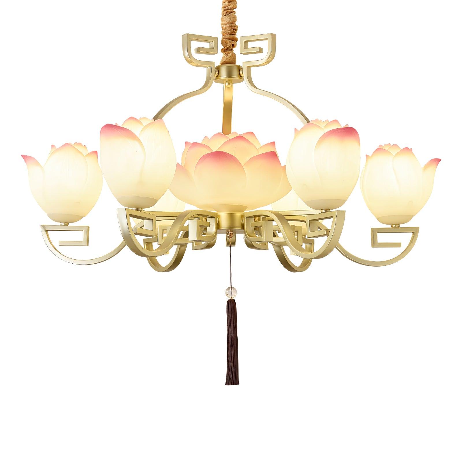 Pink and White Floral Lotus Bloom Pendant Light Resin Matcha Style Chandelier