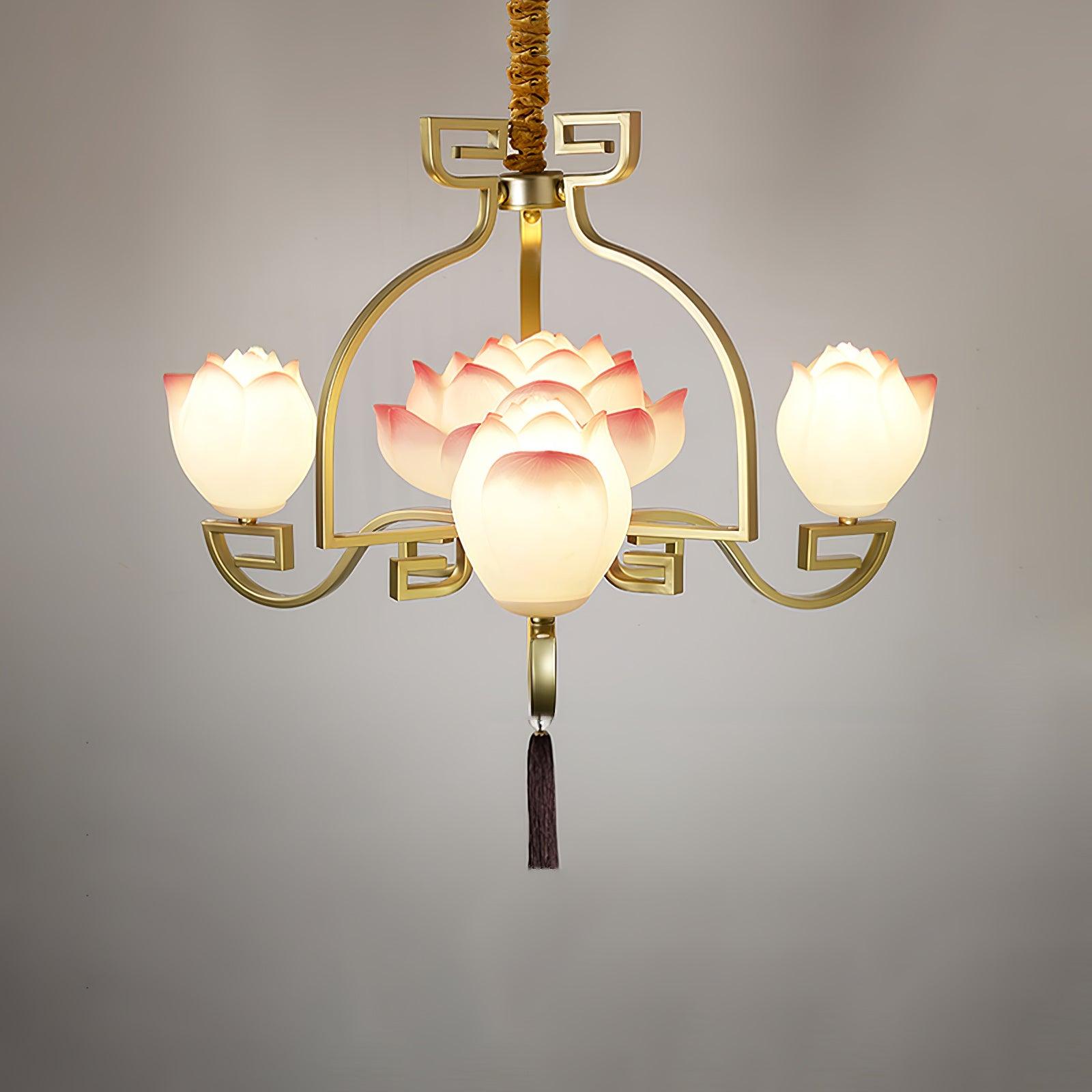 Pink and White Floral Lotus Bloom Pendant Light Resin Matcha Style Chandelier