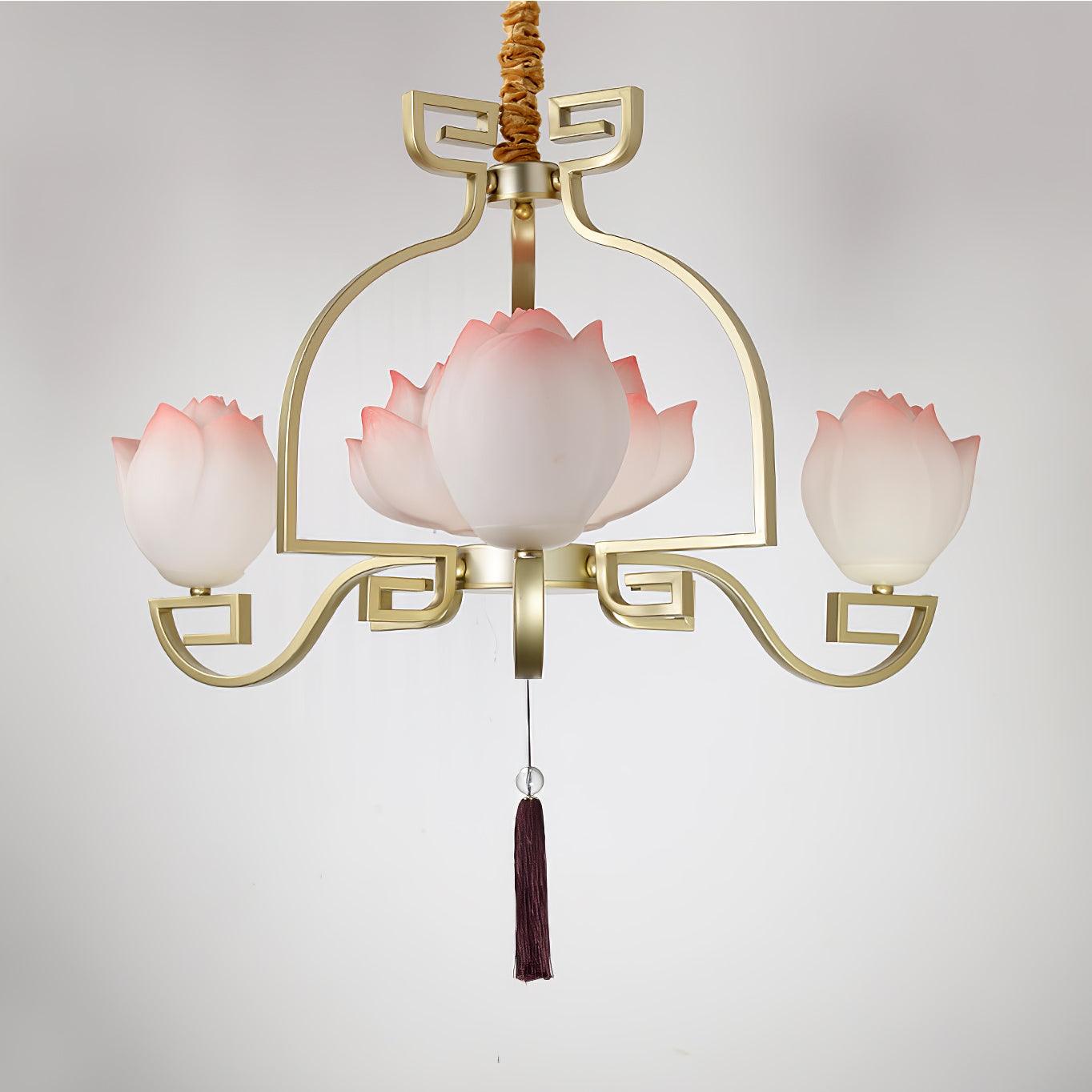 Pink and White Floral Lotus Bloom Pendant Light Resin Matcha Style Chandelier