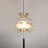 Pink and White Floral Lotus Bloom Pendant Light Resin Matcha Style Chandelier