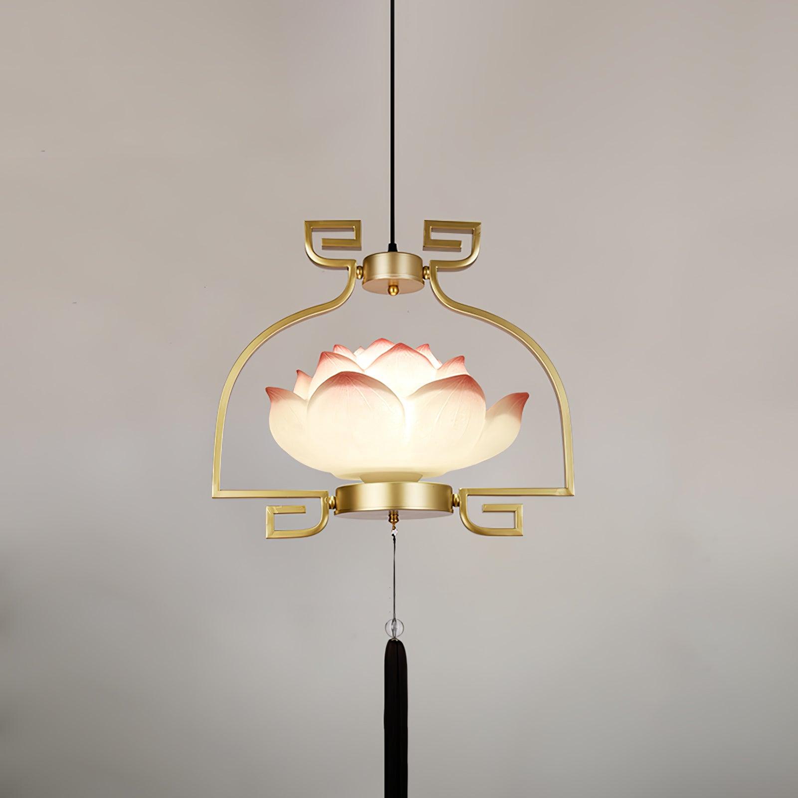 Pink and White Floral Lotus Bloom Pendant Light Resin Matcha Style Chandelier