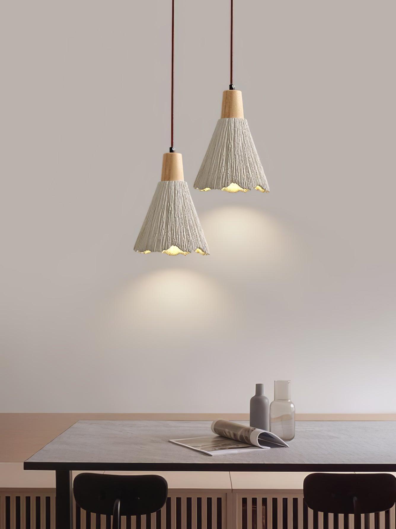 Pleated Concrete Pendant Light with Wood Accents for Modern Dining and Kitchen Decor