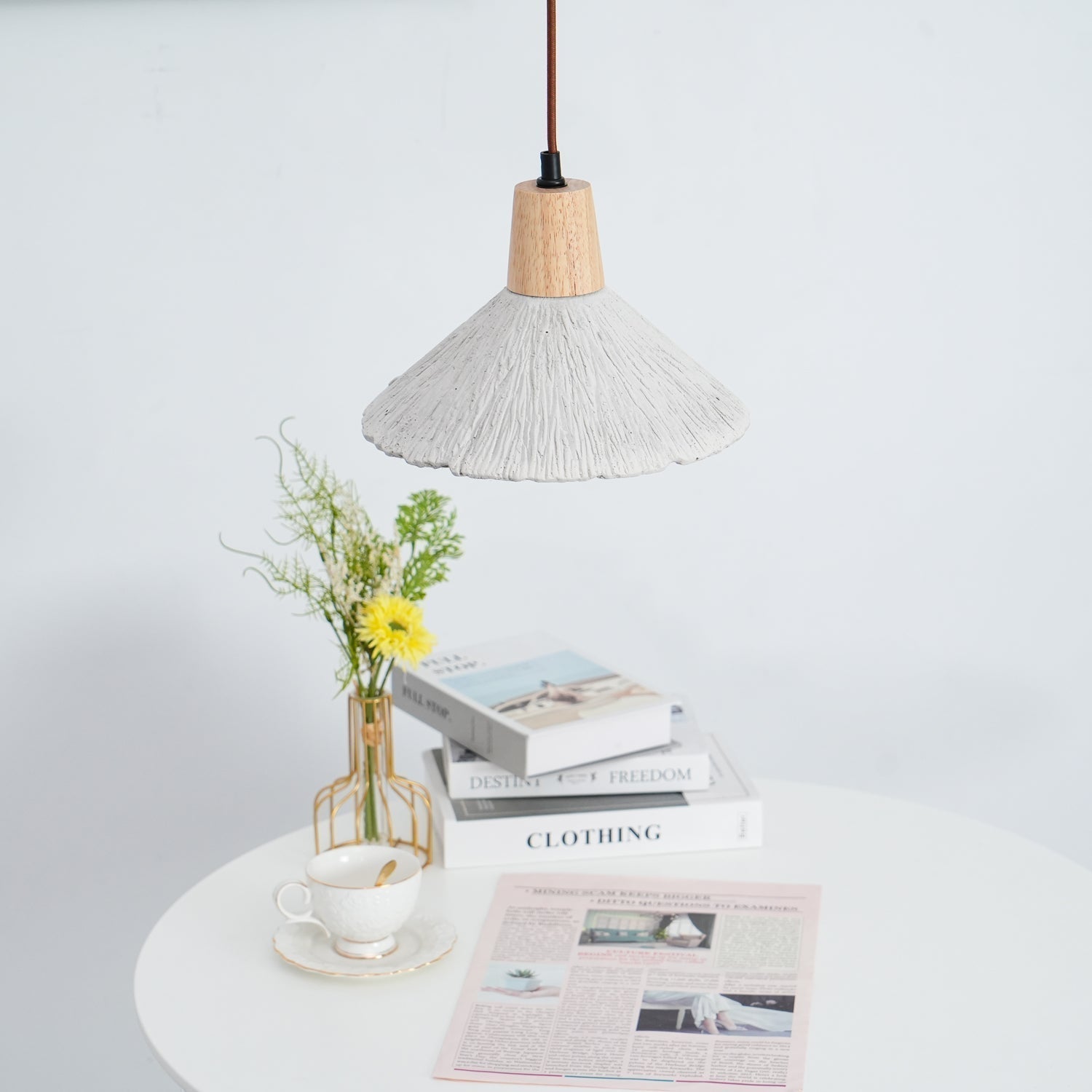 Pleated Concrete Pendant Light with Wood Accents for Modern Dining and Kitchen Decor