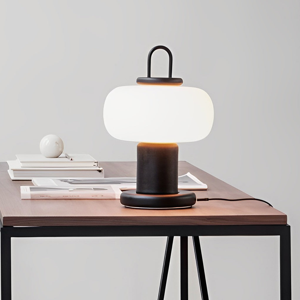 Portable LED Milk Glass Orb Table Lamp Modern Black Lantern Style Cordless Ambient Lighting