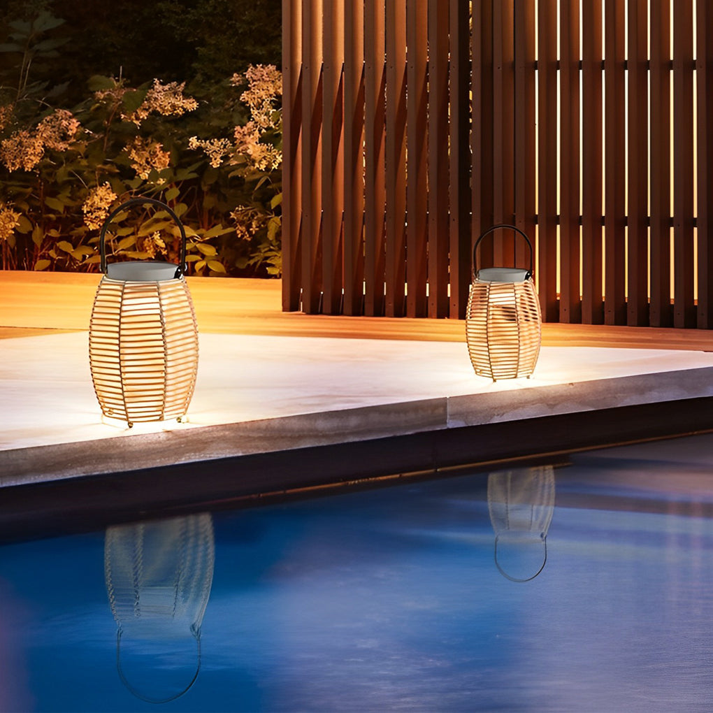 Portable Woven Rattan Solar Lantern Waterproof Outdoor LED Garden Floor Lamp with Handle