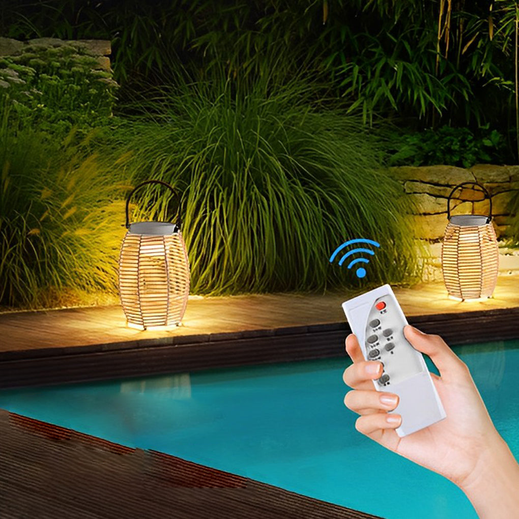 Portable Woven Rattan Solar Lantern Waterproof Outdoor LED Garden Floor Lamp with Handle