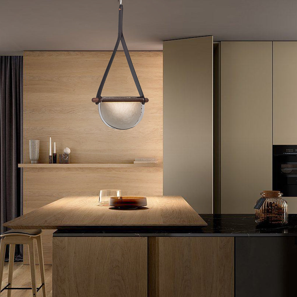 Post Modern Folded Semicircular Glass LED Pendant Light with Decorative Belt and Textured Shade