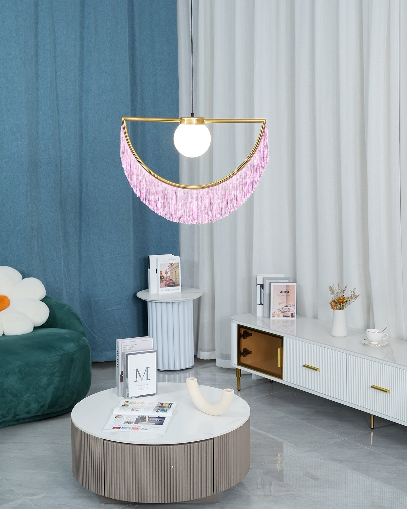 Post Modern Geometric Pendant Light with Tassels Eye Shaped Designer Ceiling Lamp