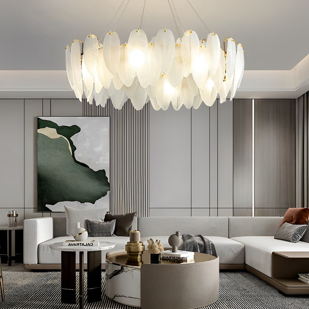 Post Modern Glass Feather Chandelier with Three Step Dimming for Dining Room and Living Room Decor