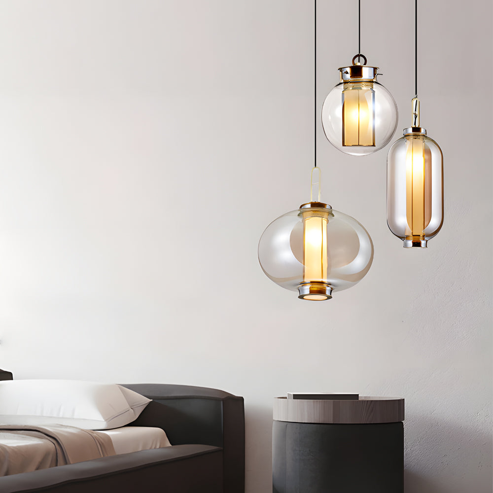 Postmodern Amber Glass Pendant Light Hand Blown Hanging Lamp for Kitchen Island and Dining Room