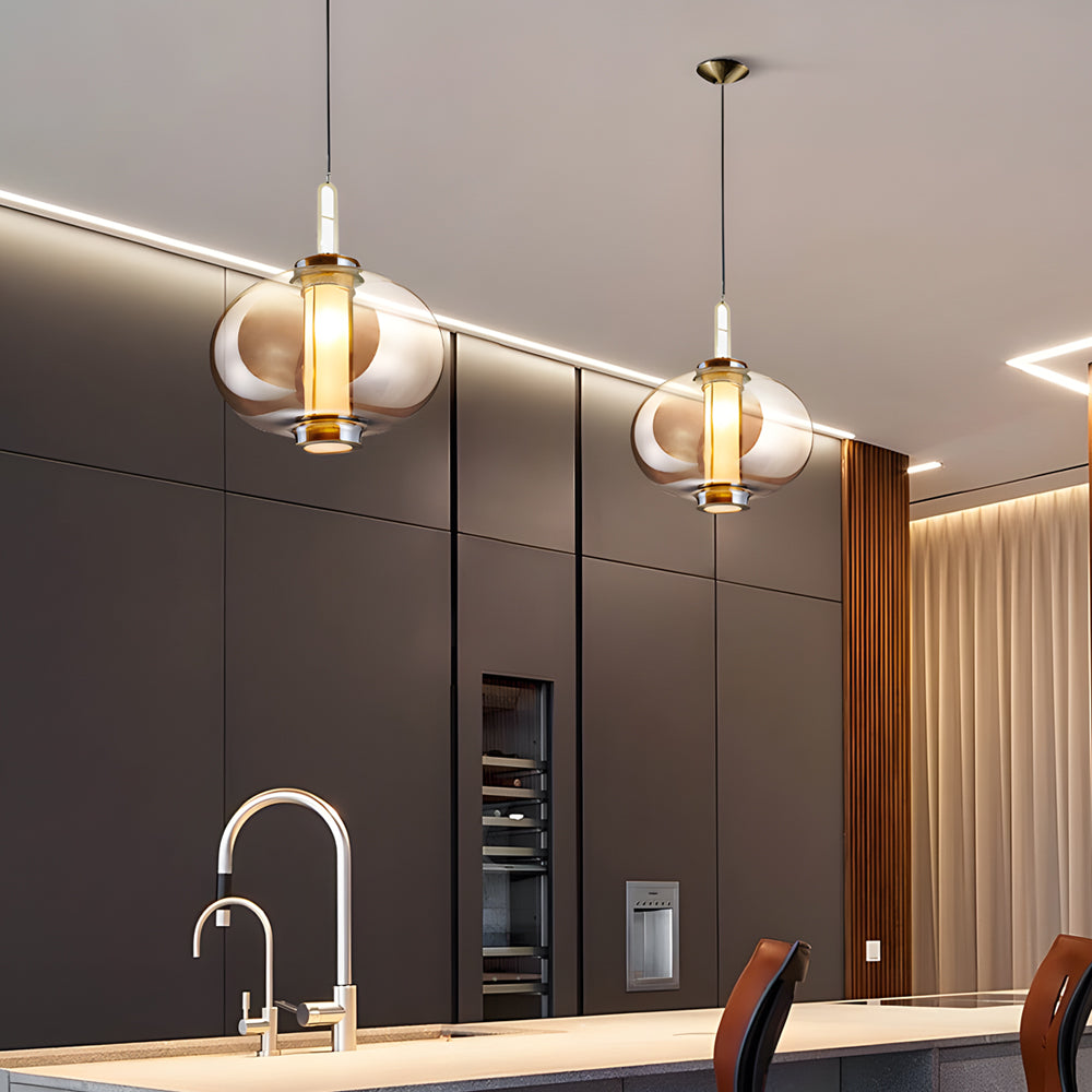 Postmodern Amber Glass Pendant Light Hand Blown Hanging Lamp for Kitchen Island and Dining Room