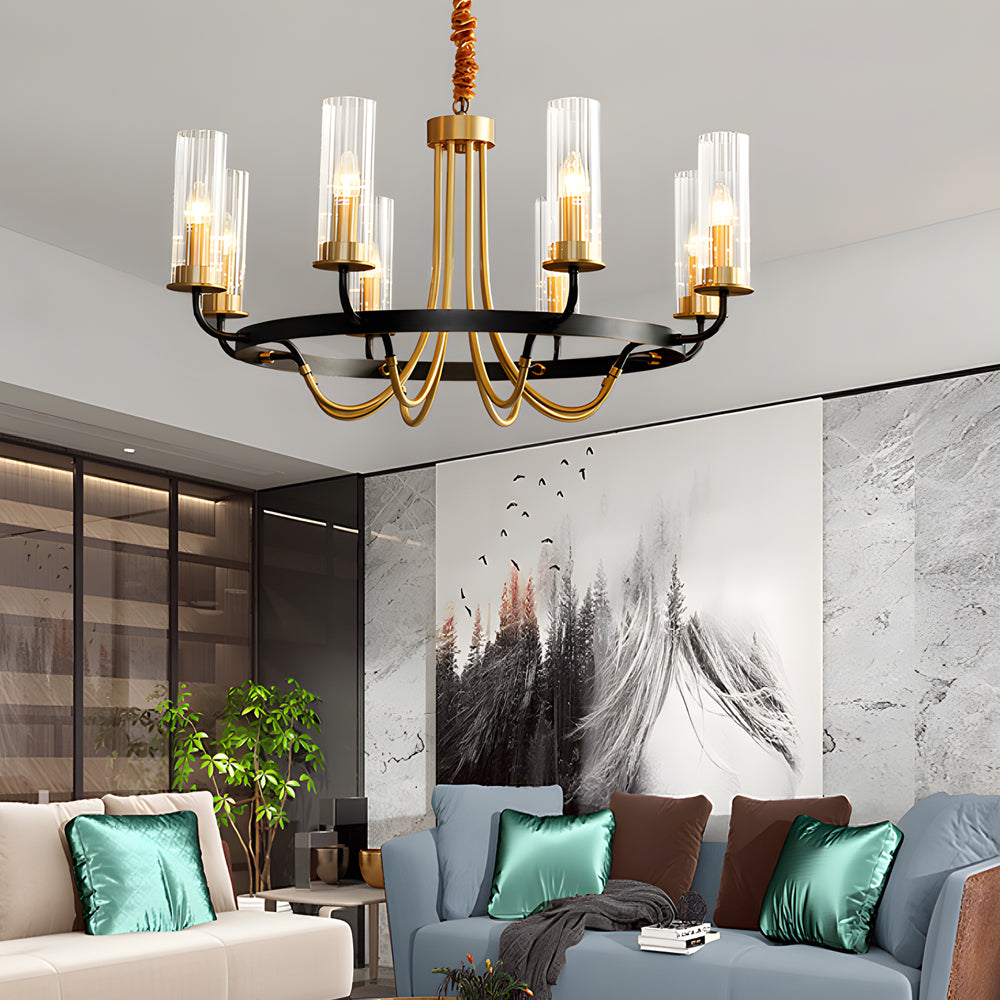 Postmodern Black Wagon Wheel Chandelier with Glass Candlelight Shades for Living and Dining Rooms