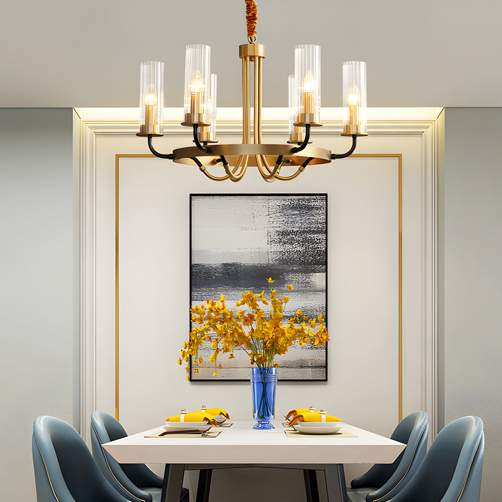 Postmodern Black Wagon Wheel Chandelier with Glass Candlelight Shades for Living and Dining Rooms