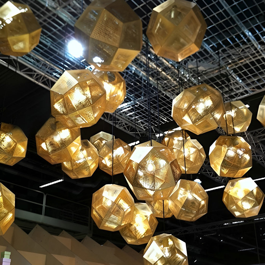 Postmodern Electroplated Round Metal Chandelier Geometric Hollow Hanging Ceiling Light