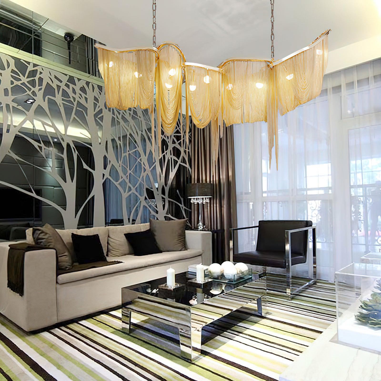 Postmodern Rectangular Tassel Chandelier Luxury LED Ceiling Light for Dining Room and Living Area