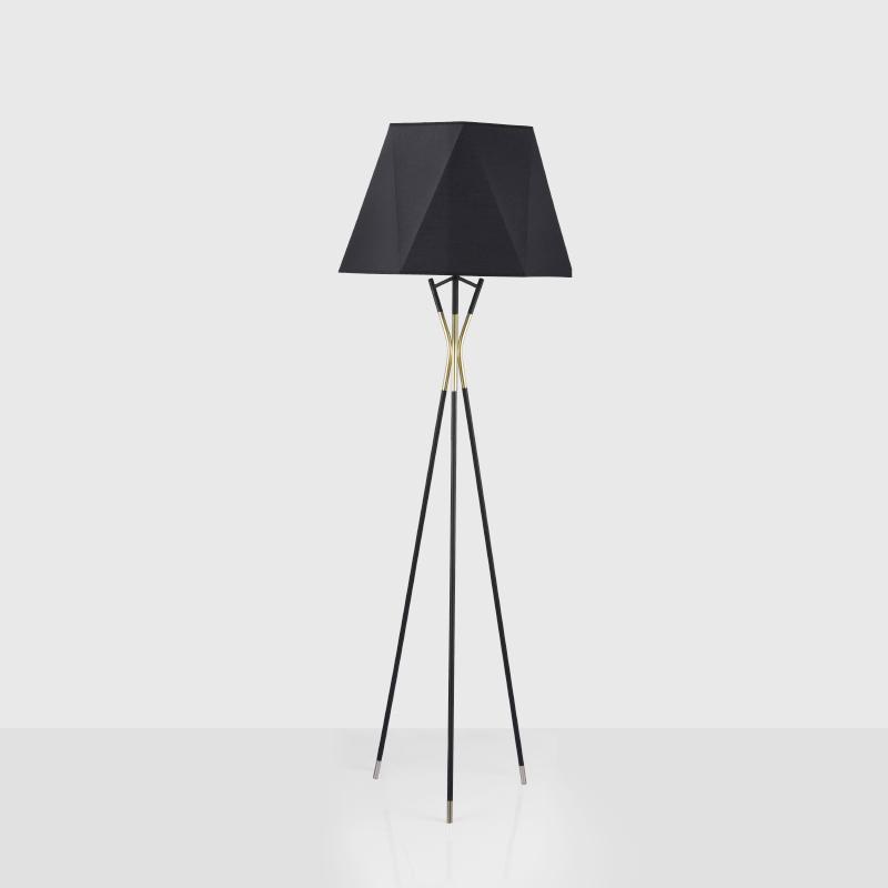 modern-solitaire-tripod-floor-lamp-with-black-polygonal-cloth-shade-and-brass-accents