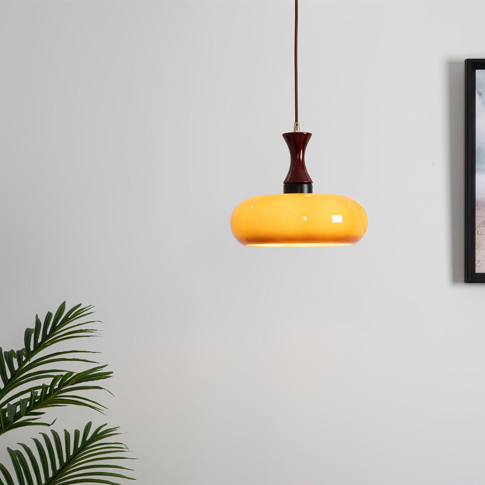 Quadri Foglio Wooden Pendant Light with Yellow Glass Shade and Adjustable Height for Modern Home Decor