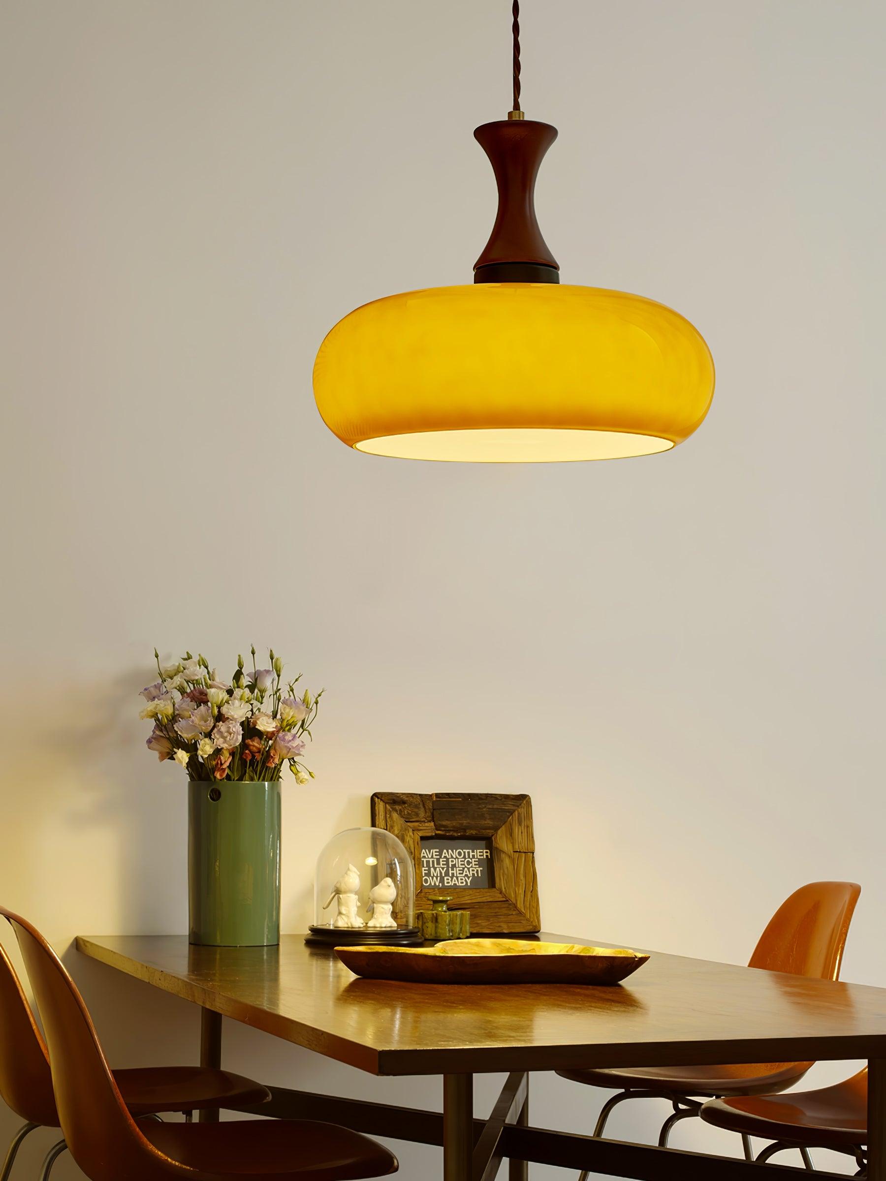 Quadri Foglio Wooden Pendant Light with Yellow Glass Shade and Adjustable Height for Modern Home Decor